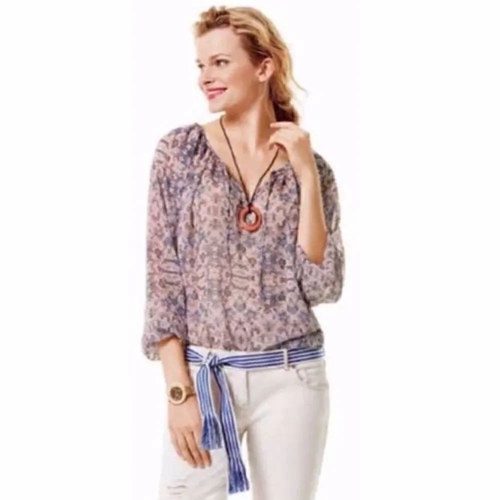 CAbi Pink Floral Sienna Chiffon Peasant Bl…